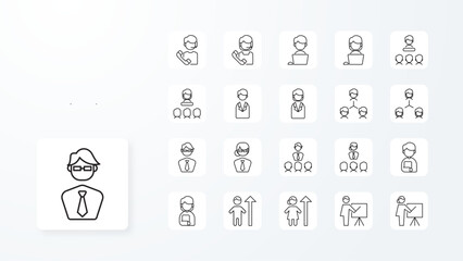 Business people icon collection with black outline style. community, cooperation, brainstorm, connection, employee, motivation, trust. Vector Illustration