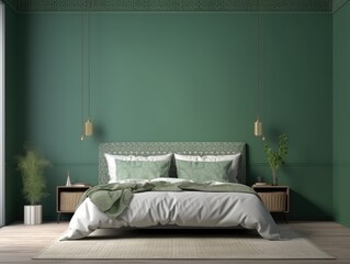 in bedroom interior background on green wall , ai gen