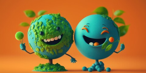 Cute Earth character laughting on orange background, Happy Earth day, World laughter day. Generative ai