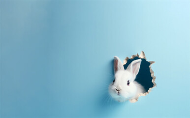A white rabbit pops out of a light blue wall, perfect for Easter designs or pet ads. Created by Generative AI technology.