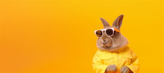 A trendy Easter rabbit with white sunglasses and a yellow suit standing against a yellow background. Perfect for Easter designs with a touch of modern style. Created by Generative AI technology.