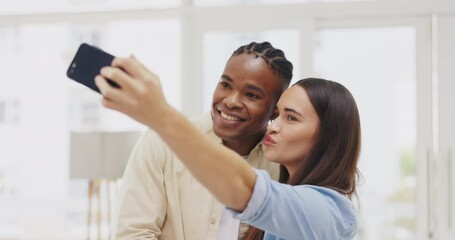 Peace sign, selfie and couple kiss in home, bonding and taking profile picture for happy memory. Love, interracial and black man and woman take photo, kissing cheek and v hand emoji for social media.