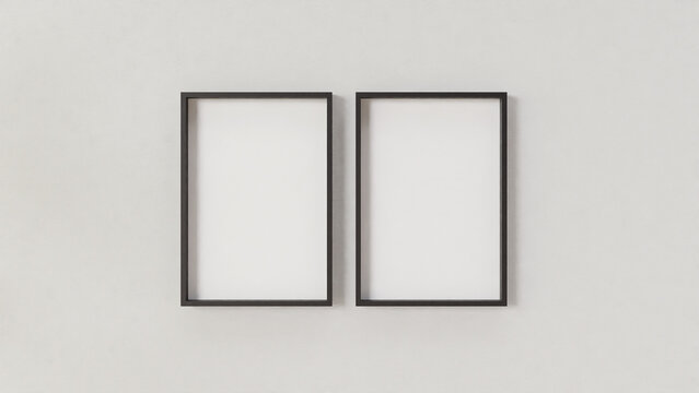 Frame mockup iso size, Set of two thin black bezels. Gallery wall mock-up, set of 2 squares. Clean, modern, minimalist, bright. document. vertical