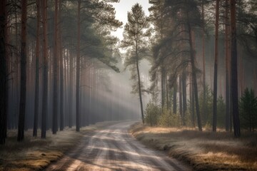 serene dirt road winding through a lush green forest. Generative AI