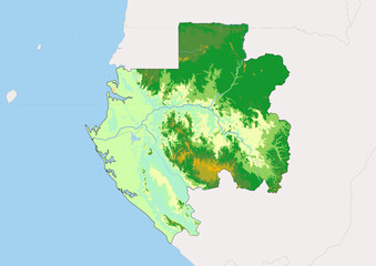 Obraz premium High detailed vector Gabon physical map, topographic map of Gabon on white with rivers, lakes and neighbouring countries. Vector map suitable for large prints and editing.