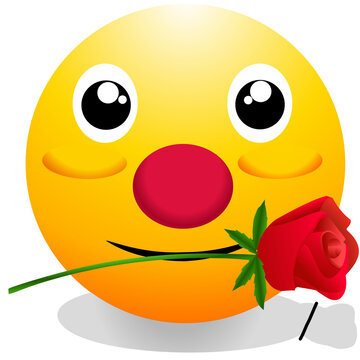 shy face emoticon expresses love by bringing roses