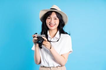 Portrait of beautiful asian girl traveling, isolated on white background