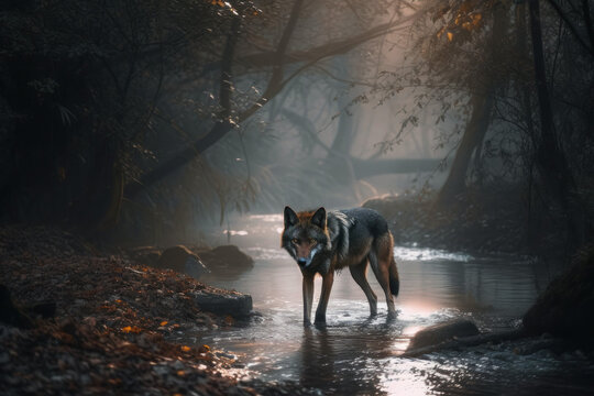 Photorealistic ai artwork of a wolf standing in a creek or river in the forest. Generative ai.
