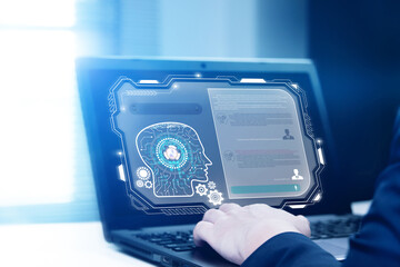 Data search, artificial intelligence chatbot, data collection with global technology network. man chat with smart chatbot on laptop to find business information.