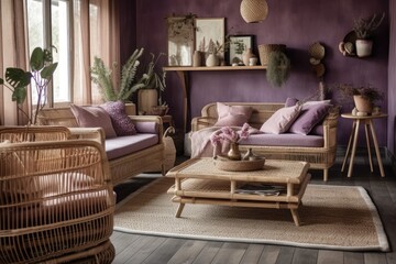 Purple and beige farmhouse living room with rattan furniture, parquet floor, and wallpaper. Boho decor,. Generative AI