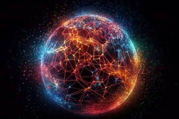 Generative ai artwork of a circular network connected to streams of data that are colorful and glowing. Generative ai.