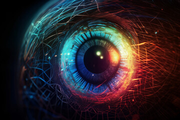 Generative ai artwork of an eyeball connected to streams of data that are colorful and glowing. Generative ai.
