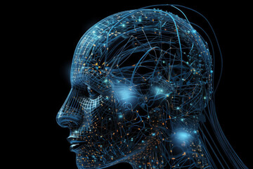 Generative ai artwork of an ai network connected to streams of data that are colorful and glowing and flowing into the human mind. Generative ai.