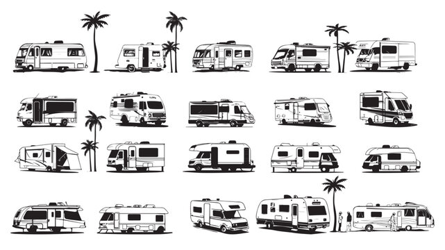 Collection of motor home black and white.line illustration of travel bus on transparent background.