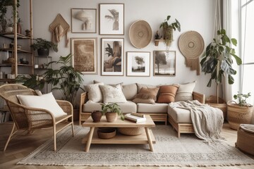 Boho chic living area with beige couch, cushions, mock up poster frames, rattan coffee tables, plants, bamboo ladder, décor, and personal items. Template. Generative AI