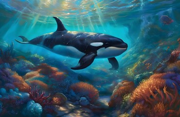 Obraz premium Killer Whale in a beautiful coral reef | Aquatic Animal illustrations/backgrounds/wallpapers/portraits |