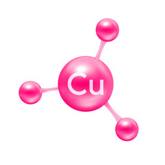 Copper mineral in the form of atoms molecules pink glossy. Copper icon 3D file PNG for designing advertising media. Medical and science concept.