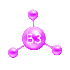 Vitamin B3 in the form of atoms molecules pink glossy. Icon 3D file PNG used for designing advertising media. Minerals vitamins complex. Medical and science concept