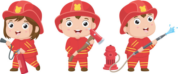 Cute fire fighter team cartoon with safety tools