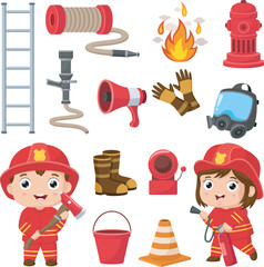 Set of firefighting elements cartoon