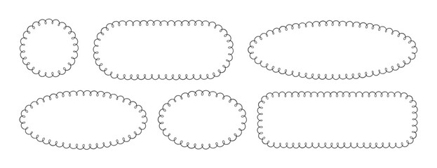 Doodle circle and oval scalloped frames. Hand drawn scalloped edge rectangle and ellipse shapes. Simple label form. Flower silhouette lace frame. Vector illustration isolated on white background.