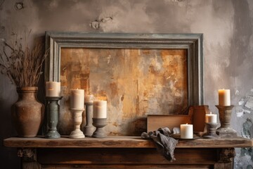 Burning candles and a vase on a weathered wooden shelf are used as home décor against a rough plaster wall with a shabby frame. Generative AI