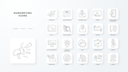 Marketing icon collection with black outline style. marketing, development, like, media, online, pay. Vector illustration