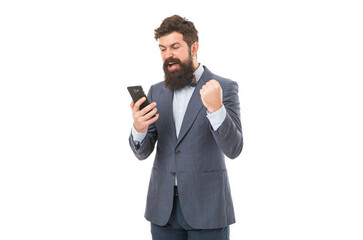 Happy to talk with partners. success deal. modern life concept. Business talk. business communication. Agile business. mature man. bearded businessman in suit. man speaking on phone. modern life