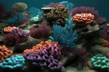 Naklejka na ściany i meble Ocean ecology, coral lagoon at sea, and underwater coral reef. Generative AI