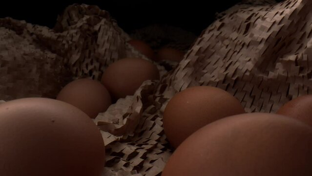 Fresh delicious raw eggs on kitchen table, decoration for Easter. Probe lens motion