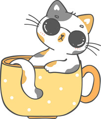 Funny playful cat in coffee cup cartoon doodle hand drawing 