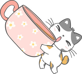Funny playful cat in coffee cup cartoon doodle hand drawing 