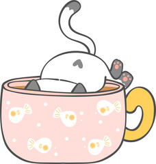 Funny playful cat in coffee cup cartoon doodle hand drawing 