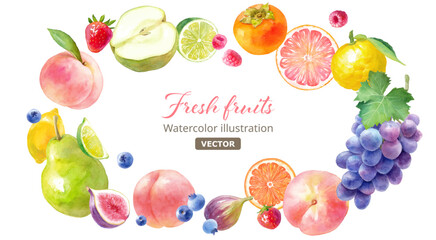色々なフレッシュフルーツの水彩イラスト。フルーツの囲みフレーム。バナー装飾。（ベクター。レイアウト変更可能） 
