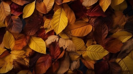 From above shot of dry autumn leaves. Generative AI.