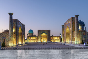 Evening view of the Registan Square in Samarkand, Uzbekistan