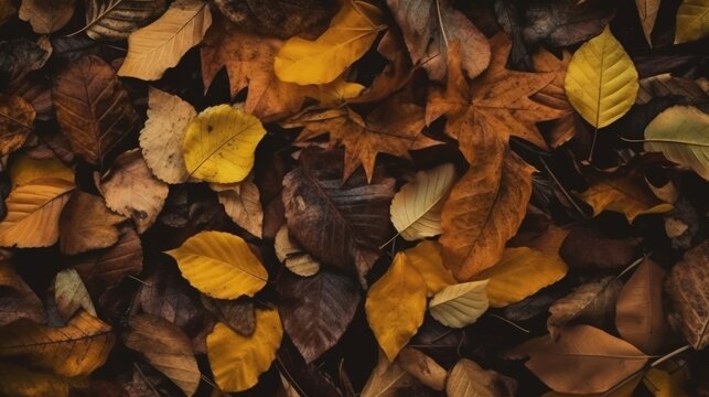 From Above Shot Of Dry Autumn Leaves. Generative AI.