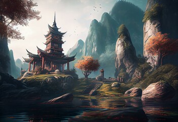Fantasy landscape. Chinese style. Fairy tale atmosphere. AI generated. Generative AI