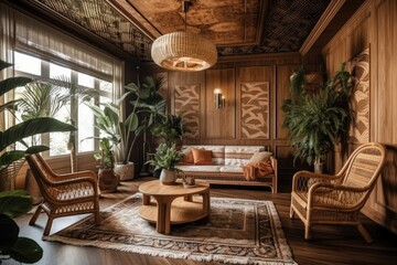 Fototapeta premium Bohemian timber living room with wallpaper, parquet, and cane ceiling. Sofa, jute carpet, and dark wood rattan armchairs. Boho decor,. Generative AI