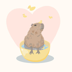 A cute capybara with beautiful eyes bathes in a yellow basin with ducks. Postcard