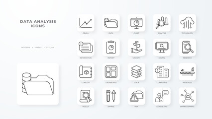 Data analysis icon collection with black outline style. chart, finance, analysis, diagram, graph, growth, research. Vector Illustration