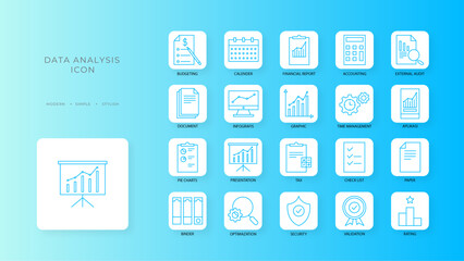 Data analysis icon collection with blue outline style. chart, finance, analysis, diagram, graph, growth, research. Vector Illustration