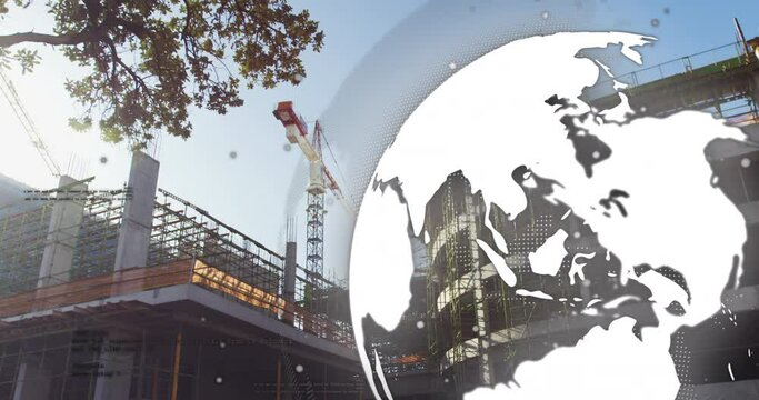 Animation of globe spinning with connections over construction site