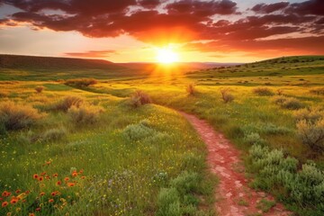 Naklejka premium scenic dirt road surrounded by a green field and blue sky. Generative AI