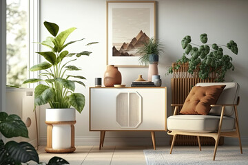 Interior design of livingroom at contemporary apartment , tropical plants, books, tea pot and elegant accessories. Modern home decor, AI Generative