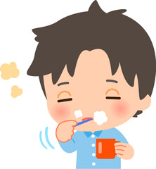 寝ぼけた様子で歯磨きをするパジャマの男性