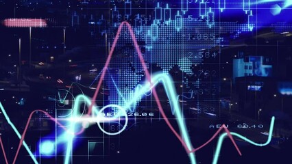 Animation of multiple graphs over map, blockchain against time-lapse of moving vehicles - Powered by Adobe