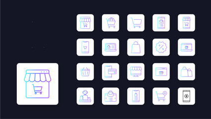 E-Commerce icons collection with purple blue outline style. shopping, commerce, coupon, outline, sale, store, delivery. Vector Illustration