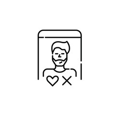 Dating app guy user. Possible match with heart and cross as yes or no symbols. Pixel perfect, editable stroke icon
