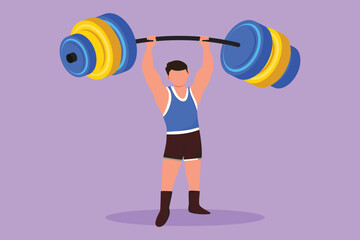 Obraz premium Graphic flat design drawing bodybuilder fitness model with barbell. Fitness logo badge with muscle man, gymnastic, body build. Athletic sportsman lifting up dumbbell. Cartoon style vector illustration